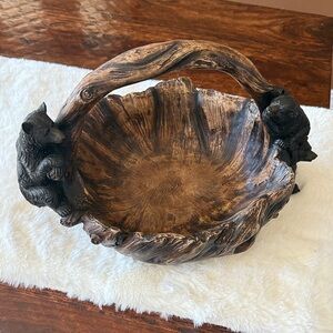 Rustic Bear Carved Wooden Bowl